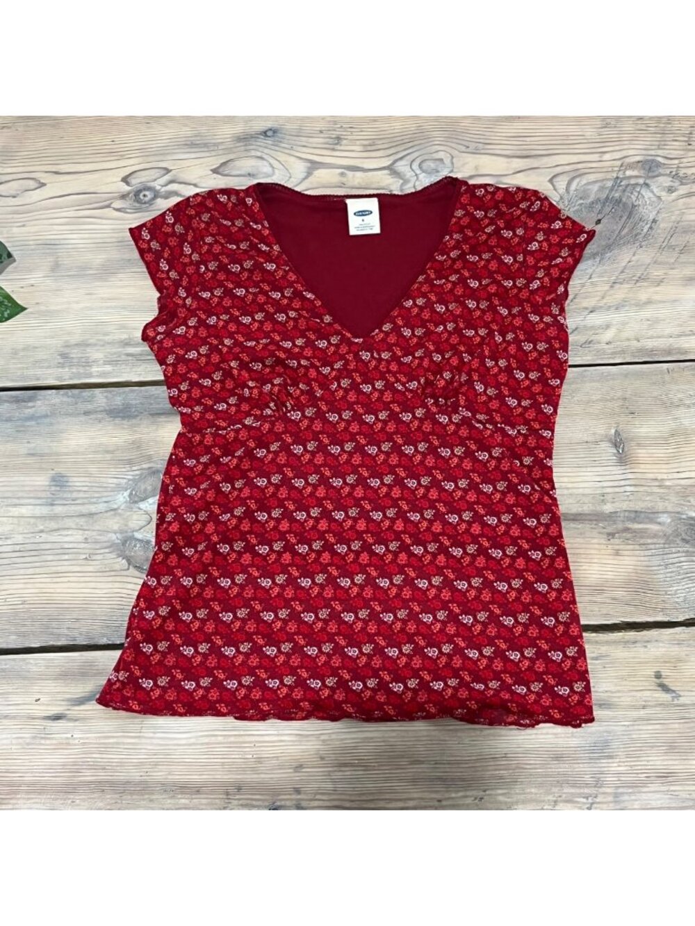 Old Navy Baby Doll Cap Sleeve Blouse Womens S Red Floral Mesh V-Neck Y2K